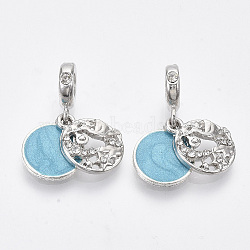 Alloy European Dangle Charms, with Crystal Rhinestone and Enamel, Large Hole Pendants, Quote Pendants, Flat Round with Word, Deep Sky Blue, Platinum, 27mm, Hole: 5mm, Fat Round: 16x13.5x2.5mm(MPDL-T004-07P)