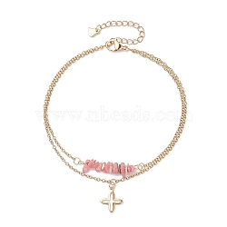 Natural Rhodochrosite Chips Beaded & Cross Charms Double Layer Multi-strand Bracelet, Stainless Steel Jewelry for Women, Golden, 9-3/8 inch(23.7cm)(AJEW-AN00511-06)