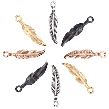 8Pcs 4 Colors 304 Stainless Steel Pendants, Ion Plating (IP), Feather, Mixed Color, 25.5x6x2.5mm, Hole: 2mm, 2pcs/color