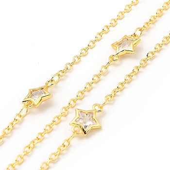 Clear Cubic Zirconia Star Link Chains, with Brass Cable Chains, Lead Free & Cadmium Free, Soldered, with Spool, Real 18K Gold Plated, 11x8x2.5mm, 1.5mm