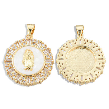 Brass Micro Pave Clear Cubic Zirconia Pendants, with Enamel and Shell, Real 18K Gold Plated, Nickel Free, Flat Round with Virgin Mary, White, 23.5x21x4mm, Hole: 3x4mm