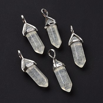 Pale Green Watermelon Stone Glass Pendants, Faceted, with Platinum Tone Brass Findings, Lead free & Cadmium Free, Bullet, 27~30x9~10x7~8mm, Hole: 4x3mm