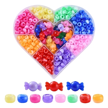 Acrylic European Beads, Imitation Gemstone, Large Hole Beads, Barrel & Heart, Mixed Color, 9x6mm, Hole: 4mm