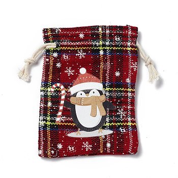Christmas Theme Rectangle Jute Bags with Jute Cord, Tartan Drawstring Pouches, for Gift Wrapping, Red, Penguin, 13.8~14x9.7~10.3x0.07~0.4cm