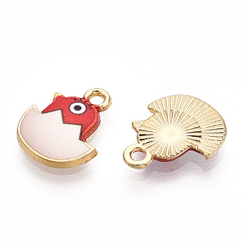 Printed Light Gold Tone Alloy Pendants, Chick in Egg Charms, Crimson, 15.5x12.5x2mm, Hole: 1.6mm