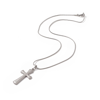 304 Stainless Steel Snake Chain Necklaces, Religion Cross Pendant Necklace, with Lobster Claw Clasp, Stainless Steel Color, 17-3/4 inch(45cm), 0.2cm