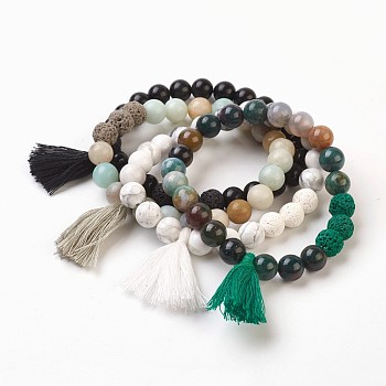 Natural Gemstone Beads Stretch Charm Bracelets, with Tassels, 2 inch(5cm), Tassels: 34x12mm