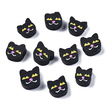 Handmade Polymer Clay Beads, Cat, Black, 8~10x8~10x3.5~5mm, Hole: 1.5mm