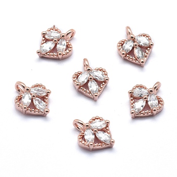 Brass Charms, with Cubic Zirconia, Cadmium Free & Nickel Free & Lead Free, Heart, Clear, Real Rose Gold Plated, 10x8x3mm, Hole: 1.5mm