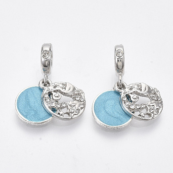 Alloy European Dangle Charms, with Crystal Rhinestone and Enamel, Large Hole Pendants, Quote Pendants, Flat Round with Word, Deep Sky Blue, Platinum, 27mm, Hole: 5mm, Fat Round: 16x13.5x2.5mm