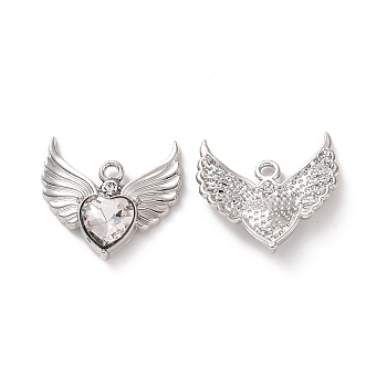 Rack Plating Alloy Glass Pendants, Cadmium Free & Lead Free & Nickle Free, Platinum, Faceted Heart Charm with Wing, Clear, 20x22x4mm, Hole: 1.8mm