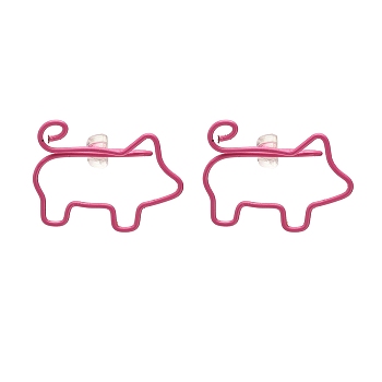 Open Pig Shape Iron Stud Earrings, Cute Animal Wire Wrap Earrings for Women, Hot Pink, 20.5x26.5x7mm, Pin: 1mm