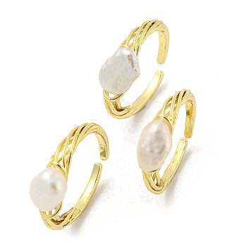 Brass Open Cuff Rings with Natural Pearl, Real 14K Gold Plated, US Size 5 1/4(15.9mm)