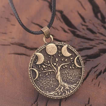 Retro Alloy Moon Phase Tree of Life Pendant Necklaces, Black PU Leather Cord Necklaces, Antique Bronze, 21.65 inch(55cm)