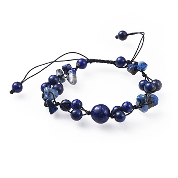 Adjustable Nylon Cord Braided Bead Bracelets, with Natural Lapis Lazuli(Dyed) Beads, 1-3/8 inch(37mm)