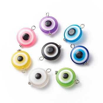 Transparent Evil Eye Resin Pendants, with Alloy Loops, Mixed Color, Flat Round Charm, Platinum, 27~27.5x20x9.5mm, Hole: 3mm