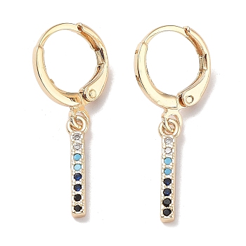 Real 18K Gold Plated Brass Dangle Leverback Earrings, with Cubic Zirconia, Rectangle Bar, Blue, 28.5x3mm