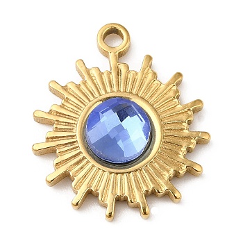 Real 18K Gold Plated 304 Stainless Steel Pendants, with Glass, Sun Charms, Cornflower Blue, 19x16x3.5~4.5mm, Hole: 1.6mm