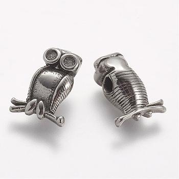 304 Stainless Steel Beads, Owl, Antique Silver, 14.5x11x6mm, Hole: 2.5mm