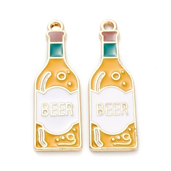 Alloy Enamel Pendants, Jewelry Accessory, Light Gold, Bottle with Word Beer, Gold, 34x11x1.5mm, Hole: 1.6mm