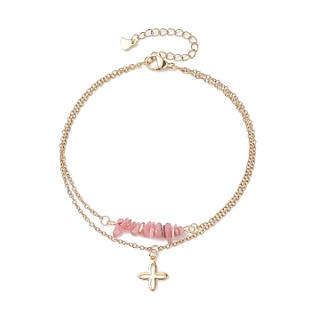 Natural Rhodochrosite Chips Beaded & Cross Charms Double Layer Multi-strand Bracelet, Stainless Steel Jewelry for Women, Golden, 9-3/8 inch(23.7cm)