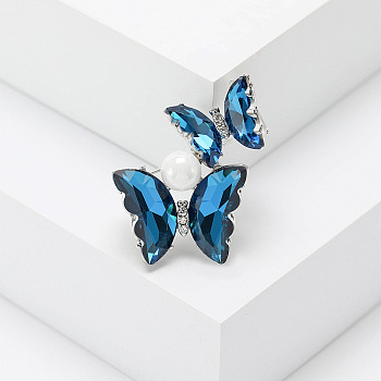 Butterfly Rhinestone Pins, Alloy Brooches for Girl Women Gift, Deep Sky Blue, 37x32mm