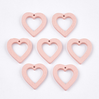 Painted Poplar Wood Pendants, Heart, Pink, 25x23x3mm, Hole: 1.5mm