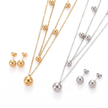 Ball 304 Stainless Steel Jewelry Sets, Pendant Cable Chains Necklaces and Stud Earrings, with Lobster Claw Clasps and Ear Nuts, Mixed Color, 16.73 inch(42.5cm), 8mm, Pin: 0.7mm
