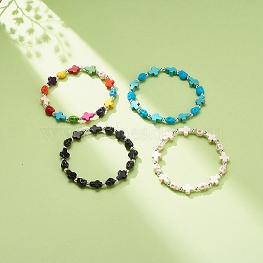 bracelet extensible en perles de turquoise synthétique (teint) avec croix et tête de mort(BJEW-JB08451)-2