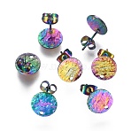 Ion Plating(IP) 304 Stainless Steel Stud Earring Findings, with Earring Backs & Loop, Textured, Flat Round, Rainbow Color, 10mm, Hole: 1.2mm, Pin: 0.8mm(STAS-I157-11A-M)