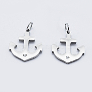 Eco-Friendly 316 Surgical Stainless Steel Micro Pave Cubic Zirconia Pendants, Long-Lasting Plated, Anchor, Stainless Steel Color, 16x14x1.5mm, Hole: 3.5mm(RB-I078-74P-NR)