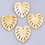 Natural Yellow Shell Pendants, Tropical Leaf Charms, Monstera Leaf, 42~43x39x2.5mm, Hole: 2mm(SSHEL-N032-13)