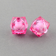Transparent Acrylic Beads, Bead in Bead, Faceted Cube, Deep Pink, 10x9x9mm, Hole: 2mm, about 1050pcs/500g(TACR-S112-10mm-18)