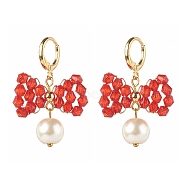 Transparent Acrylic Beads Brass Hoop Earrings, with Glass Pearl Beads, Bowknot, Red, 37mm, Pin: 1mm(X1-EJEW-TA00005)