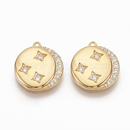 Brass Micro Pave Clear Cubic Zirconia Charms, Nickel Free, Moon with Star, Real 18K Gold Plated, 14x12.5x2mm, Hole: 0.9mm(ZIRC-Q021-023G-NF)
