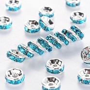 Brass Grade A Rhinestone Spacer Beads, Silver Color Plated, Nickel Free, Aquamarine, 7x3.2mm, Hole: 1.2mm(RSB037NF-13)