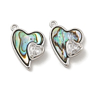 Natural Paua Shell Pendants, Brass Pave Clear Glass Heart Charms, Real Platinum Plated, 16.5x12x5mm, Hole: 1.2mm(KK-L211-010P-01)