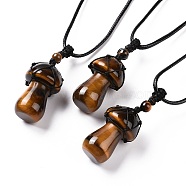 Natural Tiger Eye Mushroom Pendant Necklace, Wax Rope Macrame Pouch Braided Necklace for Women, 29.92 inch(76cm)(NJEW-E065-01B)