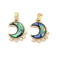 Natural Paua Shell Moon Pendants, Brass Micro Pave Clear Cubic Zirconia Moon Charms, Real 18K Gold Plated, 16.5x13x3mm, Hole: 3x5mm(KK-U043-23G-01)