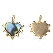 Synthetic Abalone Shell/Paua Shell Charms, with Brass Findings and Jump Rings, Nickel Free, Heart, Real 18K Gold Plated, 12.5x13x2mm, Jump Ring: 5x1mm, 3mm inner diameter(KK-N233-216)