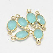 Oval Faceted Golden Brass Glass Links connectors, Pale Turquoise, 15x7x3.2mm, Hole: 1mm(GLAA-O014-24G)