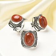 Natural Red Jasper Adjustable Rings, Lead Free & Cadmium Free, Antique Silver Plated Brass Finger Rings for Women, Oval, 20.5mm, Inner Diameter: 17mm(RJEW-I108-02AS-06)