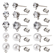 Pandahall 40Pcs 5 Style ABS Plastic Imitation Pearl & Clear Cubic Zirconia Stud Earring Findings, with 925 Sterling Silver Pins and Horizontal Loops, with 50Pcs Iron Ear Nuts, Platinum, 5.5~9x4.5~8mm, Pin: 0.7mm, Hole: 0.8~1.2mm, 8Pcs/style (EJEW-TA0001-08)