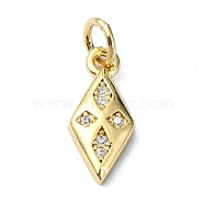 Brass Micro Pave Cubic Zirconia Pendants, with Jump Ring, Real 18K Gold Plated, Rhombus Charm, Clear, 14x6x2.5mm, Hole: 3mm(KK-H475-23G-01)