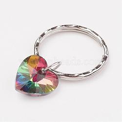 Iron Keychain, with Heart Glass Pendants, Silver Color Plated, Colorful, 41mm, Pendant: 18x14x7mm(KEYC-JKC00131-03)