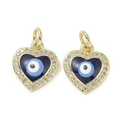 Real 18K Gold Plated Brass Micro Pave Cubic Zirconia Pendants, with Enamel and Jump Ring, Heart with Evil Eye Charms, Dark Blue, 12.5x10.5x3~3.5mm, Hole: 3.4mm(KK-L209-074G-05)