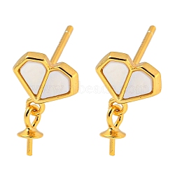 925 Sterling Silver Stud Earrings Finding, with Shell and 925 Sterling Silver Pin, Heart, Real 18K Gold Plated, 13x8mm, Pin: 11x1mm (STER-B005-03G)