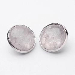 Natural Crystal Brass Clip-on Earrings, Flat Round, Platinum, 14~15x12~13mm(EJEW-A051-A002)