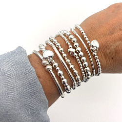 8Pcs CCB Round Beaded Stretch Bracelets, Heart, Platinum, 190~205mm(WGF8C34-10)