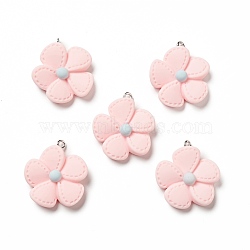 Opaque Resin Pendants, with Platinum Tone Iron Loops, 5-petal Flower Charm, Pink, 29x25x7mm, Hole: 2mm(RESI-E024-01P-03)